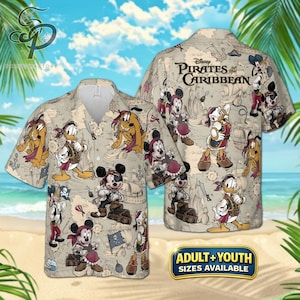 May include: Beige Hawaiian shirt featuring Disney's Pirates of the Caribbean characters, including Mickey Mouse, Donald Duck, and Pluto, in pirate attire. The shirt has a map-like background with pirate-themed illustrations and the text "Pirates of the Caribbean".