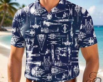 Star Wars Spaceship Blueprint Polo Shirt, Galaxy Ship Print Polo, Sci Fi Navy Polo Shirt, Space Lover Gift, Geeky Summer Polo Shirt
