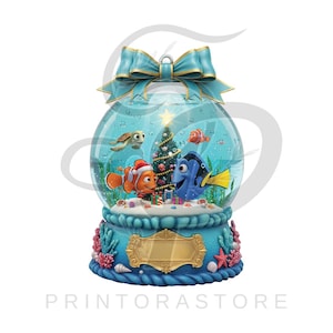May include: A Finding Nemo themed snow globe with a teal bow on top. Inside the globe are Nemo, Dory, Crush, and a Christmas tree. The base is teal with coral and seashells.