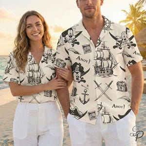 Pirate Mickey Nautical Hawaiian Shirt, Vintage Sailor Aloha Shirt, Cartoon Pirate Beach Button Up