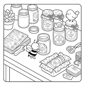 A black and white illustration of various items, including jars of honey, a bird, a book, and a bee, arranged on a table.