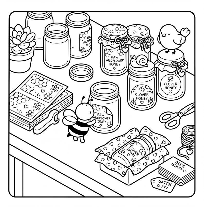 A black and white illustration of various items, including jars of honey, a bird, a book, and a bee, arranged on a table.