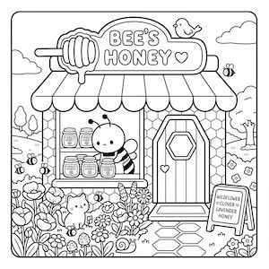 A black and white illustration of a bee's honey shop, featuring a bee inside the shop, flowers, and a sign for wildflower honey.