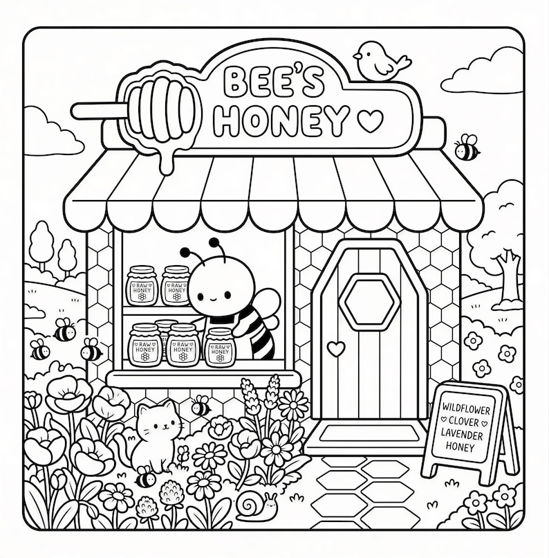 A black and white illustration of a bee's honey shop, featuring a bee inside the shop, flowers, and a sign for wildflower honey.