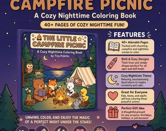 Campfire Coloring Book, Cozy Nighttime Camping Coloring Pages, Bold and Easy Kawaii Forest Animals, Printable PDF Instant Download, Adults