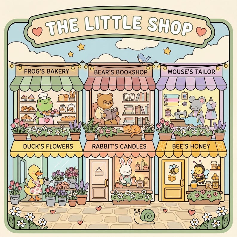 The image is a colorful illustration depicting a charming little shop with various shops selling different items, including a frog's bakery, a bear's bookshop, a mouse's tailor, duck's flowers, rabbit's candles, and bee's honey. The shop is surrounded by flowers and has a whimsical, playful atmosphere.