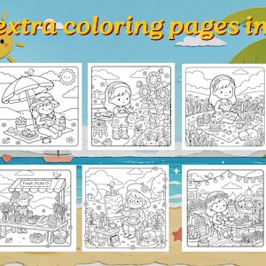 The image is a collage of nine black and white illustrations depicting various scenes, including children playing, people enjoying food, and people relaxing on a beach.