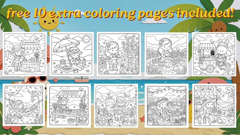 The image is a collage of nine black and white illustrations depicting various scenes, including children playing, people enjoying food, and people relaxing on a beach.