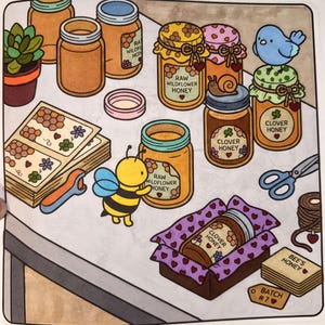 The image is a collage of various items related to honey, including jars, a book, a bee, scissors, and a bird.