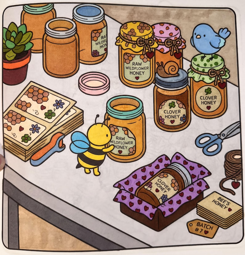 The image is a collage of various items related to honey, including jars, a book, a bee, scissors, and a bird.