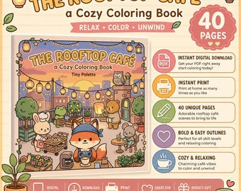 Cafe Coloring Book, Cozy Rooftop Cafe Coloring Pages, Bold and Easy Kawaii Animals Coffee Sunset, Printable PDF Instant Download, Adults
