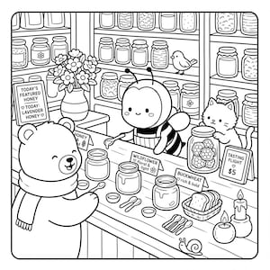 A black and white illustration depicting a scene in a shop, with a bee, a bear, and a cat interacting with various jars and jars of honey.
