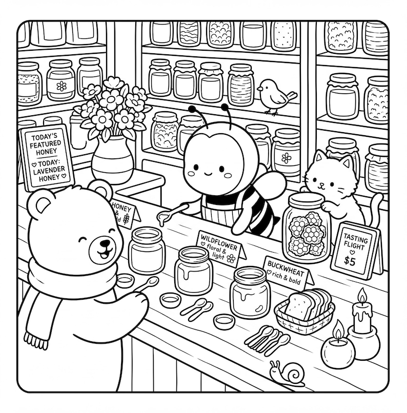 A black and white illustration depicting a scene in a shop, with a bee, a bear, and a cat interacting with various jars and jars of honey.