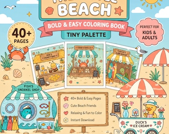 Beach Coloring Book, Little Beach Boardwalk Coloring Pages, Bold and Easy Kawaii Ocean Animals, Printable PDF Instant Download, Adults Kids