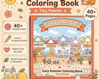 Sunny Days Cafe, Coloring Book, 40 Kawaii Summer Coloring Pages, Bold Easy Printable for Adults and Kids, Animals Coloring Pages