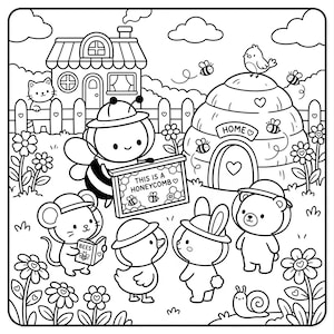 A black and white illustration depicting a bee holding a sign that reads "This is a honeycomb", surrounded by various animals such as a cat, mouse, rabbit, and bear, all in a garden setting with flowers and a beehive.