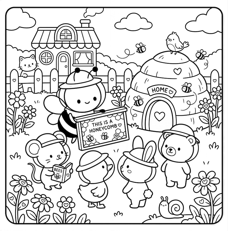 A black and white illustration depicting a bee holding a sign that reads "This is a honeycomb", surrounded by various animals such as a cat, mouse, rabbit, and bear, all in a garden setting with flowers and a beehive.