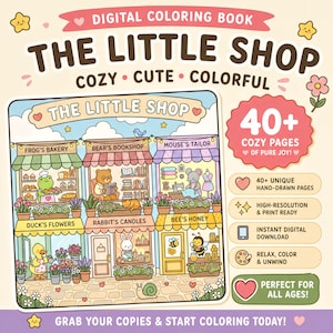 The image is a colorful illustration of a whimsical shop called "The Little Shop" with various animals and objects inside, such as a frog, a mouse, a bird, flowers, and a clock.