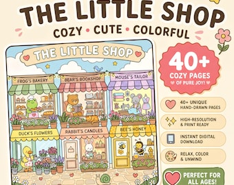 Storefront Coloring Book, Cozy Town Shops Coloring Pages, Bold and Easy Kawaii Animal Bakery, Printable PDF Instant Download, Adults Kids