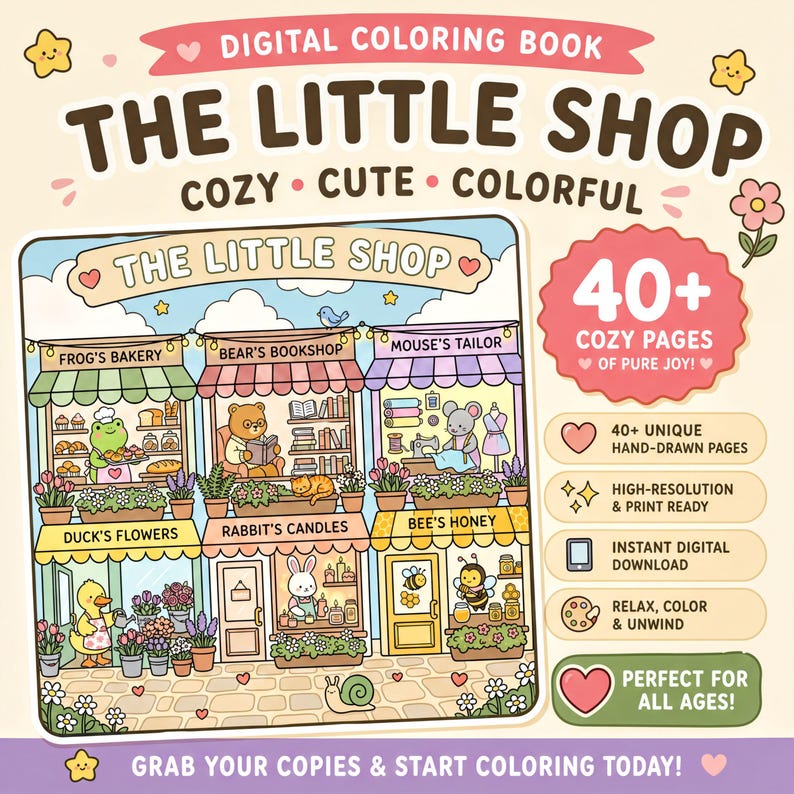 The image is a colorful illustration of a whimsical shop called "The Little Shop" with various animals and objects inside, such as a frog, a mouse, a bird, flowers, and a clock.