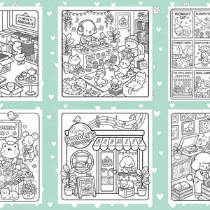 The image is a collage of six black and white illustrations depicting various scenes and objects, including animals, people, and objects, arranged in a grid format.