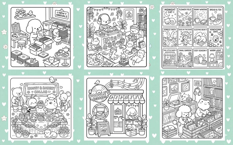The image is a collage of six black and white illustrations depicting various scenes and objects, including animals, people, and objects, arranged in a grid format.