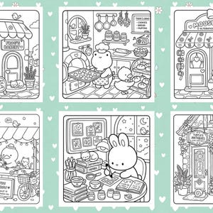The image is a collage of six black and white illustrations depicting various scenes, including a shop, a restaurant, and a cozy indoor setting with a rabbit.