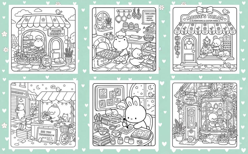 The image is a collage of six black and white illustrations depicting various scenes, including a shop, a restaurant, and a cozy indoor setting with a rabbit.