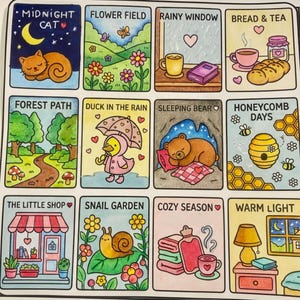 a collection of twelve colorful illustrations, each depicting a different scene or object. The illustrations include a cat, a forest path, a duck in the rain, a sleeping bear, honeycombs, a snail garden, a cozy season, a warm light, a little shop, and a snail. The illustrations are arranged in a grid format, with four rows and three columns.