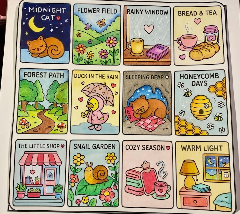 a collection of twelve colorful illustrations, each depicting a different scene or object. The illustrations include a cat, a forest path, a duck in the rain, a sleeping bear, honeycombs, a snail garden, a cozy season, a warm light, a little shop, and a snail. The illustrations are arranged in a grid format, with four rows and three columns.