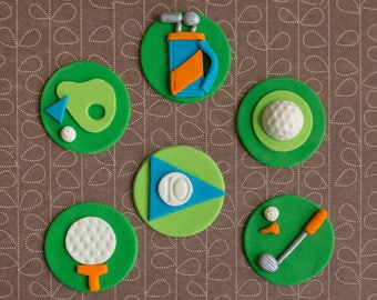 Fondant Golf Ball, Golf Club, Golf Bag and Flag Cupcake Toppers for Cupcakes, Cakes or Cookies