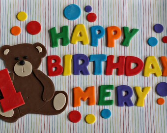Fondant Teddy Bear, Polka Dot and Happy Birthday Message Cake Decorations Perfect for a Birthday Cake