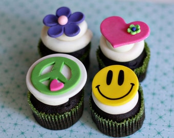 Peace Sign, Flower, Heart and Smiley Hippie Fondant Toppers for Decorating Groovy Cupcakes, Cookies or other Treats