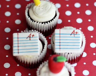 Fondant Teacher Gift Pencil, Apple and Paper Toppers for Cupcakes, Cookies or other Treats