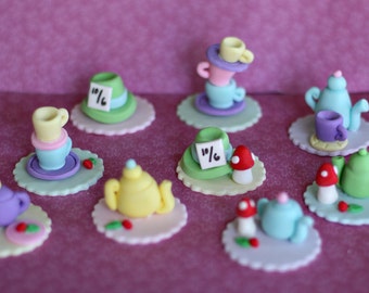 Fondant Wonderland Tea Party Toppers with Teapots, Teacups, Mushrooms and Hats for Decorating Cupcakes or Cookies