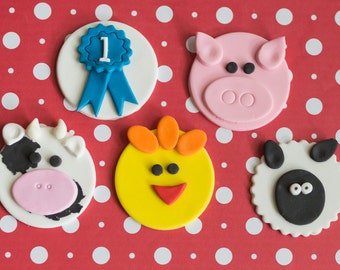 Fondant County Fair Farm Animal Toppers Ribbons, Chickens, Pigs, Cows and Lambs for Cupcakes, Cookies, Brownies or MiniCakes