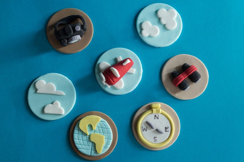 Fondant Travel Airplane Camera Compass Cupcake Toppers for Cupcakes, Cakes or Cookies image 2