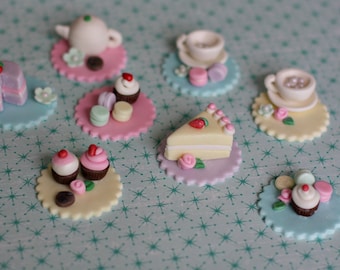 Fondant Tea Party Toppers with Teapot, Teacups, Macaroons, Cupcakes, Cookies and Cakes for Decorating Cupcakes, Cookies