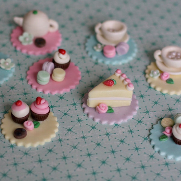 Fondant Tea Party Toppers with Teapot, Teacups, Macaroons, Cupcakes, Cookies and Cakes for Decorating Cupcakes, Cookies