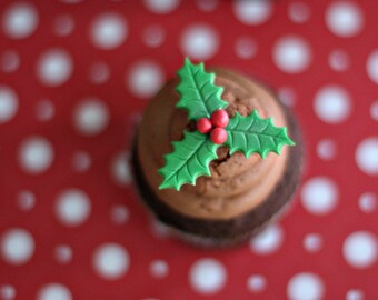 Fondant Holly Leaf and Berry Toppers for Christmas Cupcakes, Cookies, Cake Pops or Other Holiday Treats
