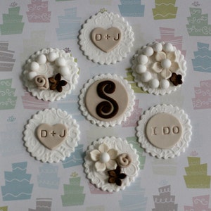 Fondant Victorian Lace Monogram, Initials, Flower and Pearl Toppers for Decorating Engagement, Shower or Wedding Cupcakes image 1
