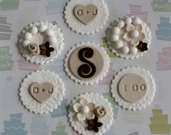 Fondant Victorian Lace Monogram, Initials, Flower and Pearl Toppers for Decorating Engagement, Shower or Wedding Cupcakes
