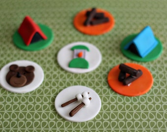 Camping Bear, Tents, Smores, Lanterns, and Fire Fondant Toppers for Cupcakes Perfect for an Outdoor Camping Party
