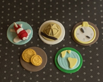 Fondant Travel Adventure Safari, Airplane, Compass Cupcake Toppers for Cupcakes, Cakes or Cookies