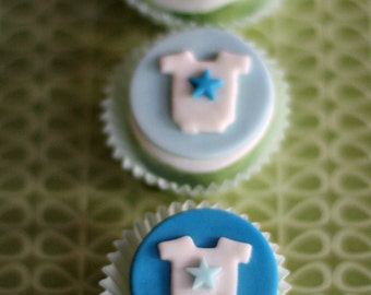 Baby Shower Fondant Onesie Mini Toppers with Hearts and Stars for Cupcakes, Cookies or Mini-Cakes