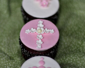 Fondant Baptism Communion Cross and Flower Toppers for Decorating Baptism Celebration Cupcakes, Cookies or Brownies