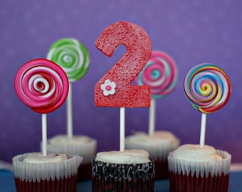 Lollipop and Age Fondant Toppers on a Stick for Cupcakes Perfect for your Candyland Themed Birthday Party