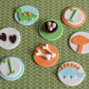 Fondant Dinosaur, Bone, Nest with Eggs, Footprint and Age Toppers for Cupcakes, Cookies or other Treats image 1