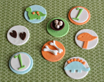 Fondant Dinosaur, Bone, Nest with Eggs, Footprint and Age Toppers for Cupcakes, Cookies or other Treats