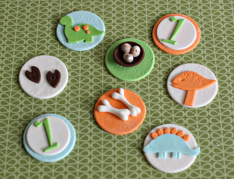 Fondant Dinosaur, Bone, Nest with Eggs, Footprint and Age Toppers for Cupcakes, Cookies or other Treats image 1